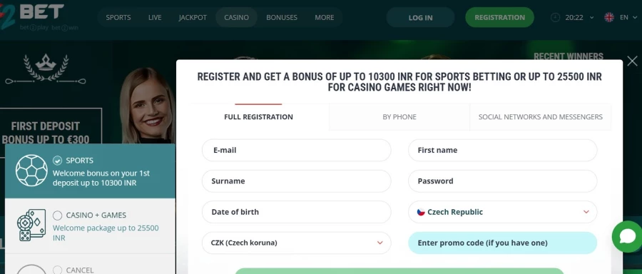 Herní nabídka 22bet casino